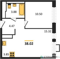 Планировка однокомнатной(квартира) площадью 38.02 квадратных метров в “ЖК Прибрежный Парк”