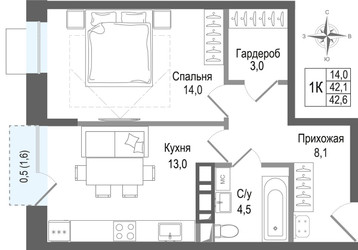 Планировка однокомнатной(квартира) площадью 42.1 квадратных метров в ЖК “ЖК КИНОКВАРТАЛ”