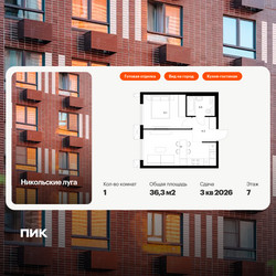 Планировка однокомнатной(квартира) площадью 36.3 квадратных метров в ЖК “ЖК Никольские луга”