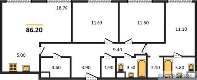 Планировка трехкомнатной(квартира) площадью 86.4 квадратных метров в ЖК “ЖК Voxhall (Воксхолл)”