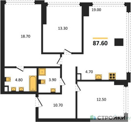 Планировка трехкомнатной(квартира) площадью 87.6 квадратных метров в ЖК “ЖК River Park Кутузовский (Ривер Парк Тауэрс)”