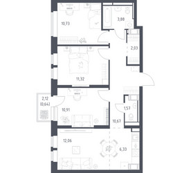 Планировка трехкомнатной(квартира) площадью 70.14 квадратных метров в ЖК “ЖК Большое Путилково”