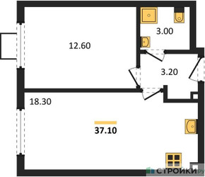 Планировка однокомнатной(квартира) площадью 37.1 квадратных метров в ЖК “ЖК Лучи-2”