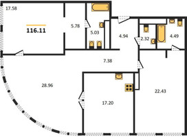 Планировка трехкомнатной(квартира) площадью 116.11 квадратных метров в “ЖК Sky View (Скай Вью)”