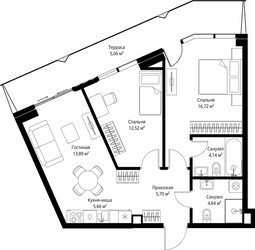 Планировка двухкомнатной(квартира) площадью 68.33 квадратных метров в ЖК “ЖК Джойс”