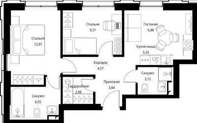 Планировка двухкомнатной(квартира) площадью 55.04 квадратных метров в ЖК “ЖК Селигер Сити”