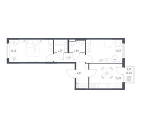 Планировка двухкомнатной(квартира) площадью 57.1 квадратных метров в ЖК “ЖК Горки Парк”
