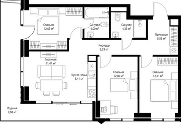 Планировка трехкомнатной(квартира) площадью 84.76 квадратных метров в ЖК “ЖК Джойс”