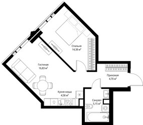 Планировка однокомнатной(квартира) площадью 45.64 квадратных метров в ЖК “ЖК Джойс”