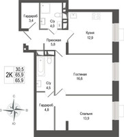 Планировка двухкомнатной(квартира) площадью 65.9 квадратных метров в “ЖК КИНОКВАРТАЛ”