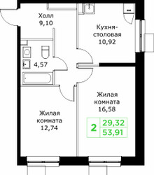 Планировка двухкомнатной(квартира) площадью 53.91 квадратных метров в ЖК “ЖК КИТ 2”