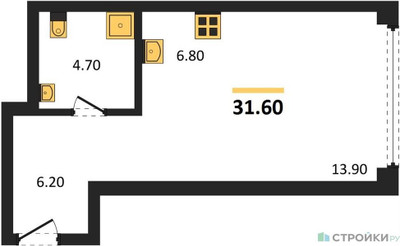 Планировка студии(квартира) площадью 31.6 квадратных метров в ЖК “ЖК Мираполис”