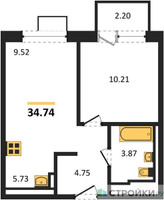 Планировка однокомнатной(квартира) площадью 34.74 квадратных метров в “ЖК Молжаниново”