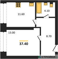 Планировка однокомнатной(квартира) площадью 37.4 квадратных метров в “ЖК Архитектурный проект RAKURS (Ракурс)”