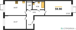 Планировка двухкомнатной(квартира) площадью 59.9 квадратных метров в “ЖК Мытищи Парк”