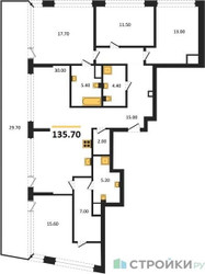 Планировка 4+ комнатной(квартира) площадью 135.7 квадратных метров в ЖК “ЖК Остров”