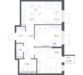 Планировка двухкомнатной(квартира) площадью 53.74 квадратных метров в ЖК “ЖК Мытищи Парк”