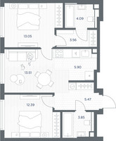 Планировка двухкомнатной(квартира) площадью 61.82 квадратных метров в “ЖК TATE (Тэйт)”