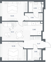 Планировка двухкомнатной(квартира) площадью 61.82 квадратных метров в ЖК “ЖК TATE (Тэйт)”