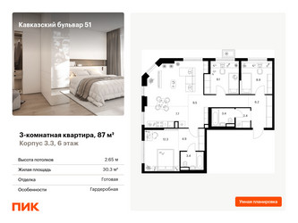 Планировка трехкомнатной(квартира) площадью 87 квадратных метров в ЖК “ЖК Кавказский бульвар 51”