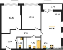 Планировка двухкомнатной(квартира) площадью 64.1 квадратных метров в “ЖК Скандинавия”