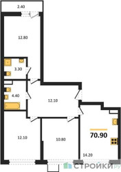 Планировка трехкомнатной(квартира) площадью 70.9 квадратных метров в ЖК “ЖК Деснаречье”