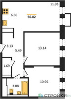 Планировка двухкомнатной(квартира) площадью 56.82 квадратных метров в “ЖК Горки Парк”
