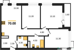 Планировка трехкомнатной(квартира) площадью 70 квадратных метров в “ЖК Южные сады”