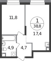 Планировка однокомнатной(квартира) площадью 38.8 квадратных метров в “ЖК Первый Московский”