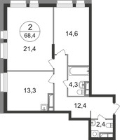 Планировка двухкомнатной(квартира) площадью 68.4 квадратных метров в “ЖК Первый Московский”