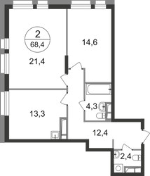 Планировка двухкомнатной(квартира) площадью 68.4 квадратных метров в ЖК “ЖК Первый Московский”