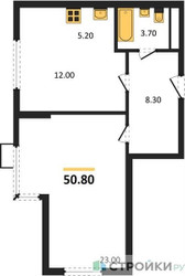 Планировка однокомнатной(квартира) площадью 50.8 квадратных метров в ЖК “ЖК Ново-Молоково”