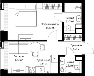 Планировка однокомнатной(квартира) площадью 35.3 квадратных метров в ЖК “ЖК Веер”