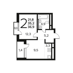 Планировка двухкомнатной(квартира) площадью 36.9 квадратных метров в ЖК “Новые Ватутинки. Заречный”