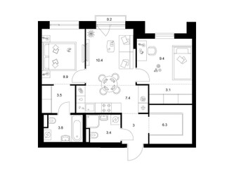 Планировка двухкомнатной(квартира) площадью 59.4 квадратных метров в ЖК “ЖК Лосиноостровский парк”