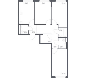 Планировка трехкомнатной(квартира) площадью 77 квадратных метров в ЖК “ЖК Новое Внуково”