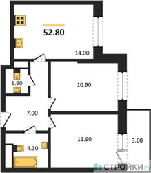 Планировка двухкомнатной(квартира) площадью 52.8 квадратных метров в ЖК “ЖК Одинцовские кварталы”