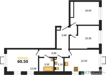 Планировка трехкомнатной(квартира) площадью 60.9 квадратных метров в ЖК “ЖК Лучи-2”