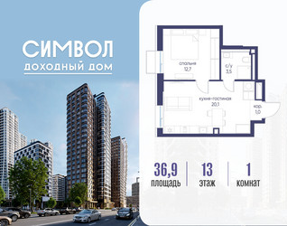 Планировка однокомнатной(квартира) площадью 36.9 квадратных метров в ЖК “ЖК Символ”