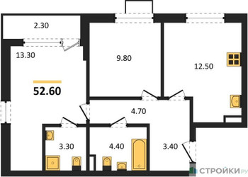 Планировка двухкомнатной(квартира) площадью 52.6 квадратных метров в ЖК “ЖК Прокшино”