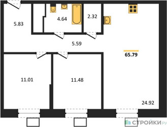 Планировка двухкомнатной(квартира) площадью 65.79 квадратных метров в ЖК “ЖК Апарт-отель Тропарево парк”