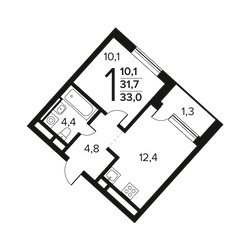 Планировка однокомнатной(квартира) площадью 33 квадратных метров в ЖК “Новые Ватутинки. Заречный”