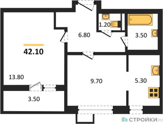 Планировка двухкомнатной(квартира) площадью 42.1 квадратных метров в ЖК “ЖК 1-й Ленинградский (Первый Ленинградский)”