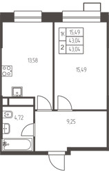 Планировка однокомнатной(квартира) площадью 43 квадратных метров в ЖК “ЖК Новая Ивантеевка”