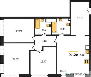 Планировка трехкомнатной(квартира) площадью 91.2 квадратных метров в ЖК “ЖК Собрание клубных домов West Garden (Вест Гарден)”