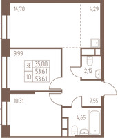 Планировка трехкомнатной(квартира) площадью 53.6 квадратных метров в “ЖК Западная Ивантеевка”