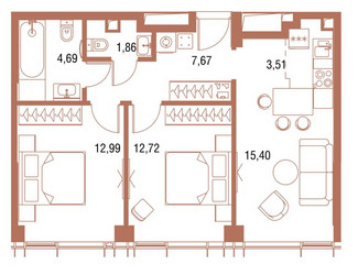 Планировка двухкомнатной(квартира) площадью 59.5 квадратных метров в ЖК “ЖК Symphony 34 (Симфония 34)”
