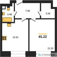 Планировка однокомнатной(квартира) площадью 45.22 квадратных метров в “ЖК Sezar City (Сезар Сити)”