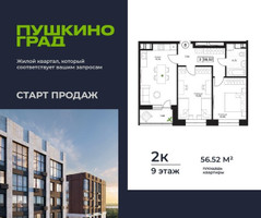 Планировка двухкомнатной(квартира) площадью 56.52 квадратных метров в “ЖК Пушкино Град”