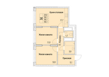 Планировка двухкомнатной(квартира) площадью 56.1 квадратных метров в ЖК “ЖК Отрадный”